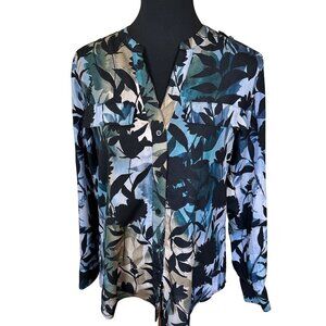 Calvin Klein Womens Dark Green Blue Floral Top Shirt Blouse Career